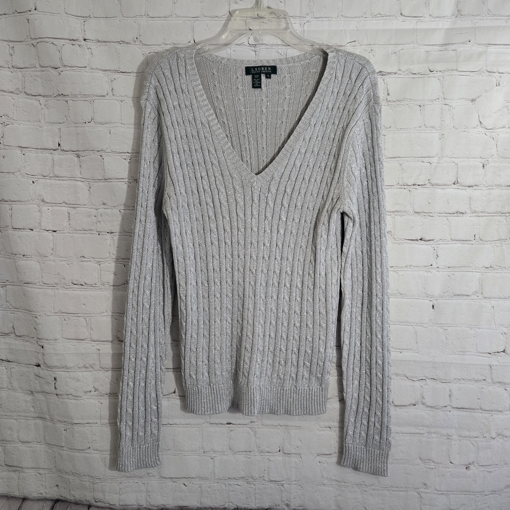 Ralph Lauren Silver Silk V-Neck Cabel Knit‎ XL Sweater